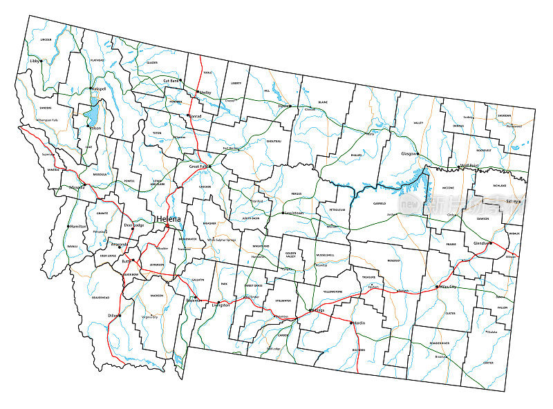 蒙大拿公路和高速公路地图。矢量插图。