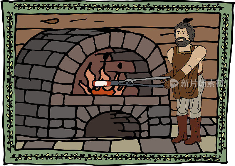 中世纪白炽铁在风格化框架的插图。中世纪，锻造，熔炉，铁工，铁匠，准备使用，eps。为你设计