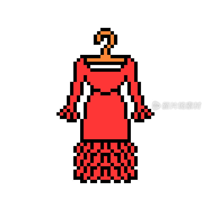 像素艺术符号的红色西班牙弗拉门戈服装与褶皱挂钩孤立在白色背景。女性时装偶像。舞蹈服装。复古复古8位老虎机，视频游戏图形