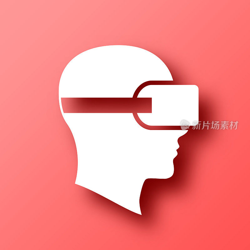 头戴VR虚拟现实头盔。图标在红色背景与阴影