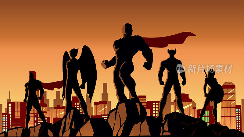 矢量史诗超级英雄团队剪影在岩石与城市景观背景股票插图