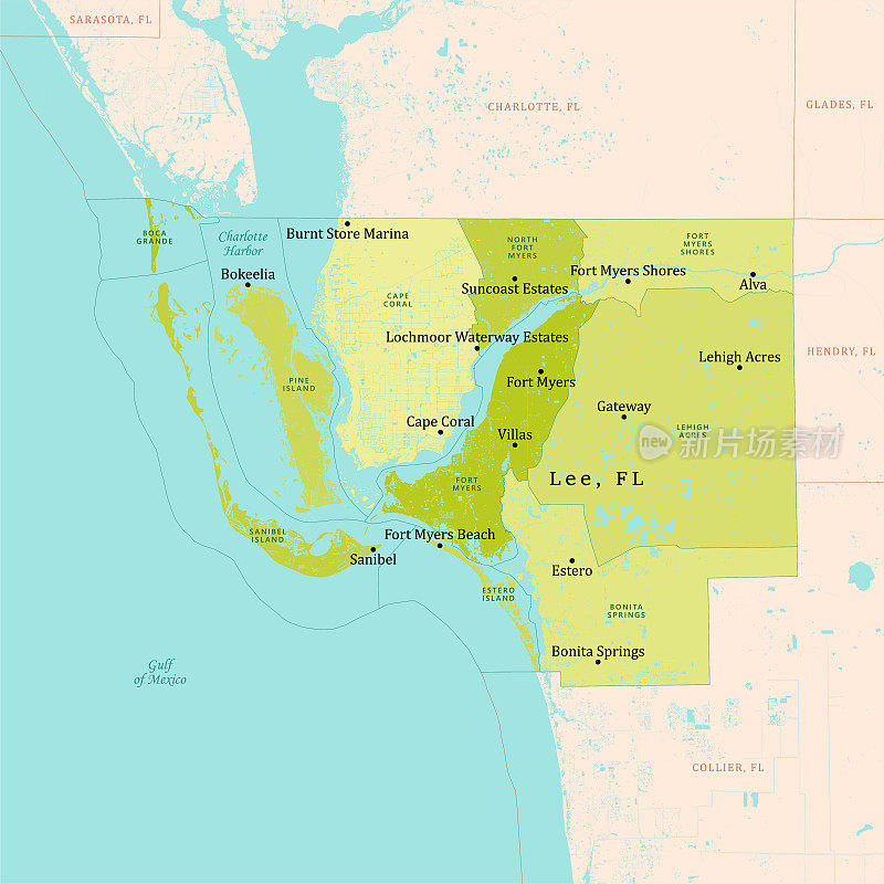佛罗里达州李县矢量地图绿色