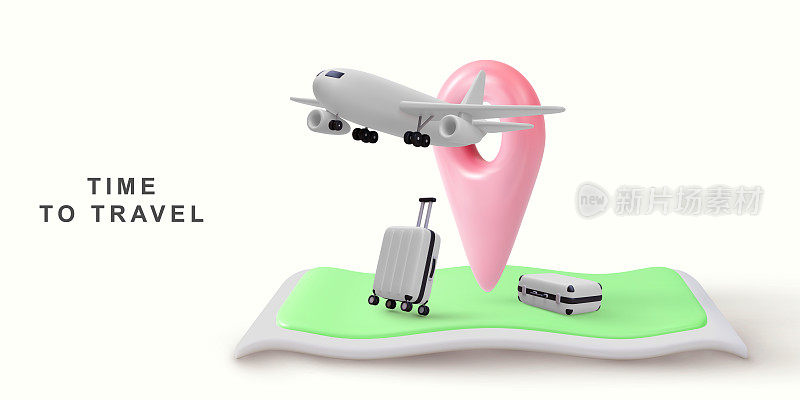 3d逼真的旅行概念插图，飞机飞过的旅行袋和地图别针。矢量插图。