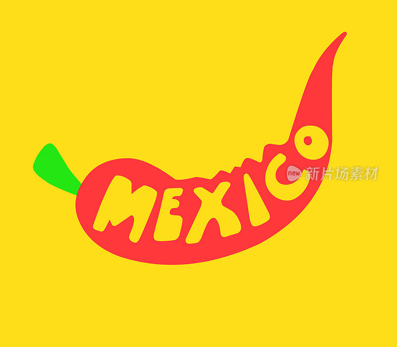 红辣椒。辣椒是墨西哥美食的象征。辣椒的背景上刻着“墨西哥”字样