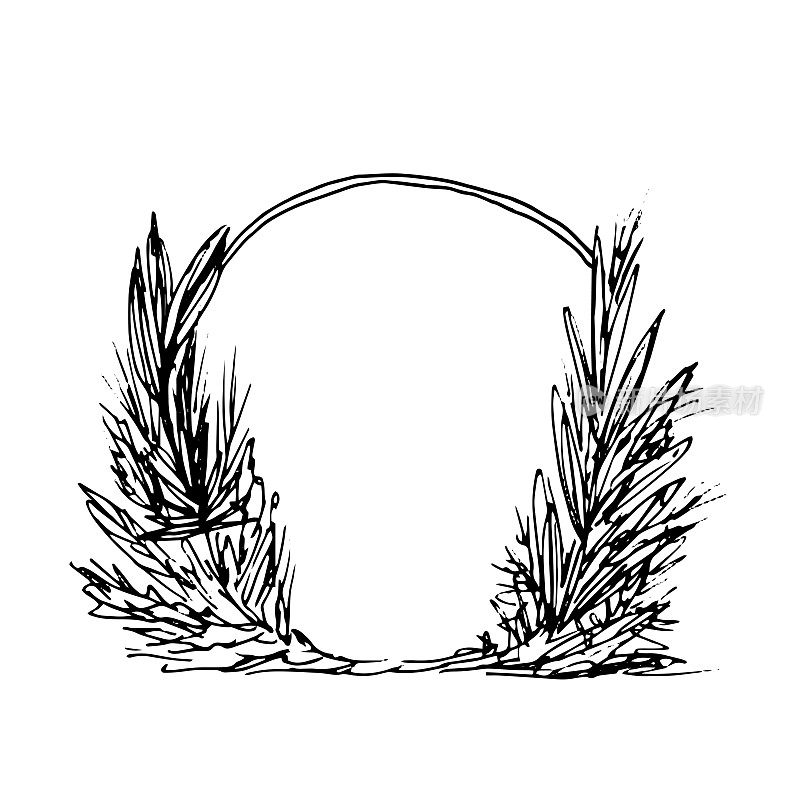 婚礼拱门装饰大叶子-素描矢量插图。手绘现实涂鸦风格的木圈与花卉装饰的边缘