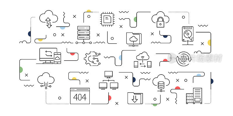 云计算相关矢量横幅设计概念，现代线条风格与图标