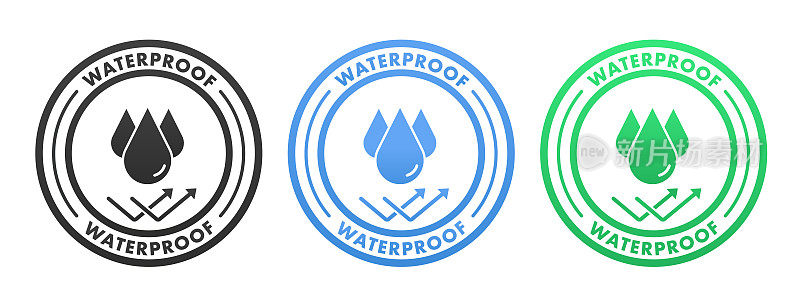设置防水邮票图标。防水表面符号概念隔离在白色背景上，防水图标。水保护图标。矢量图