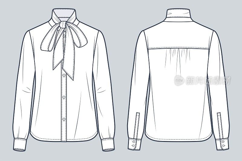 领结领衬衫技术时尚插图。扣衬衫，衬衫时尚平技术图纸模板，袖口长袖，前后视图，白色，女装CAD样板。