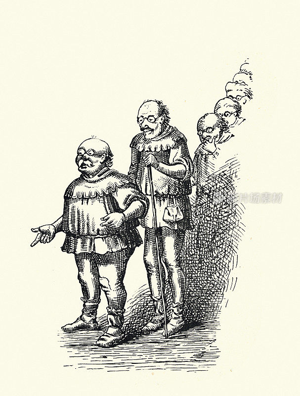一群穿着中世纪服装站成一排的老人的漫画