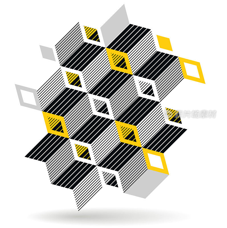 黑色和黄色的几何矢量抽象背景与立方体和形状，等长三维抽象艺术显示城市建筑的形式看起来像，欧普艺术视错觉。