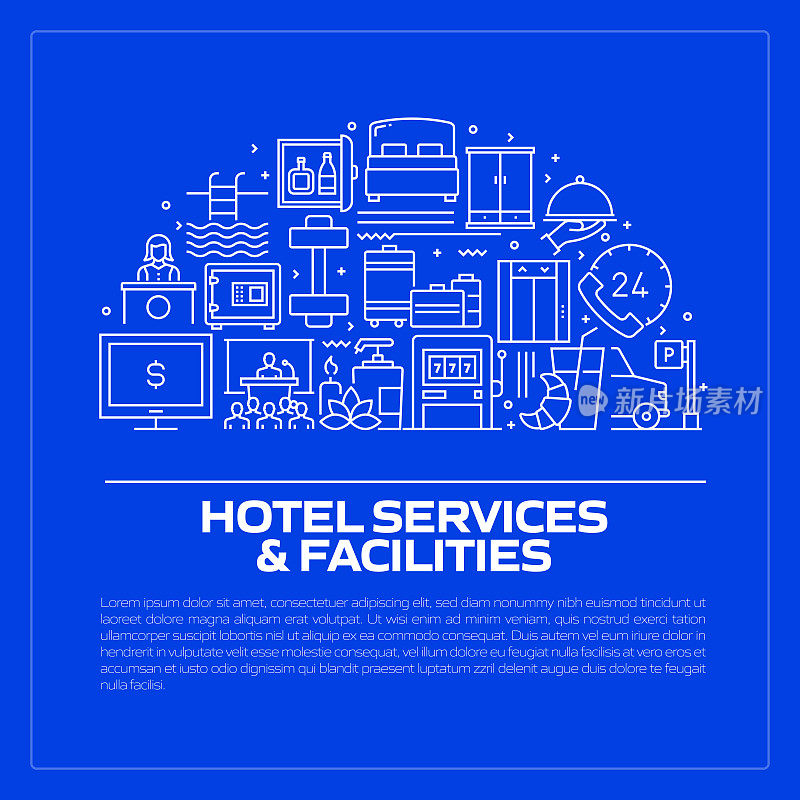 酒店服务和设施相关的线条风格横幅设计网页，标题，小册子，年度报告和书籍封面