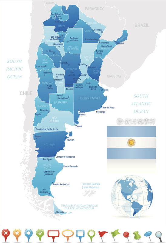 阿根廷地图-州，城市，旗帜和导航图标