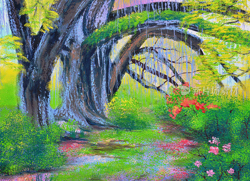 花园里的大榕树油画