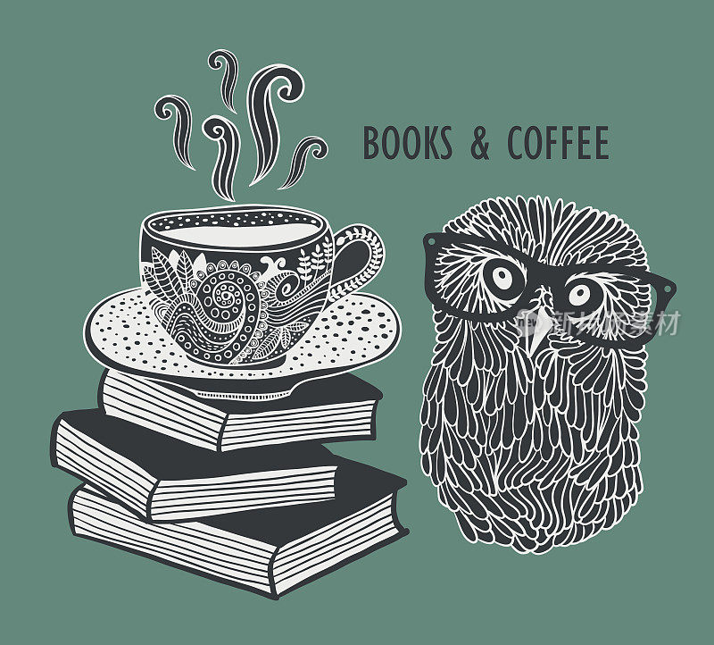咖啡和书，可爱的猫头鹰戴着眼镜。