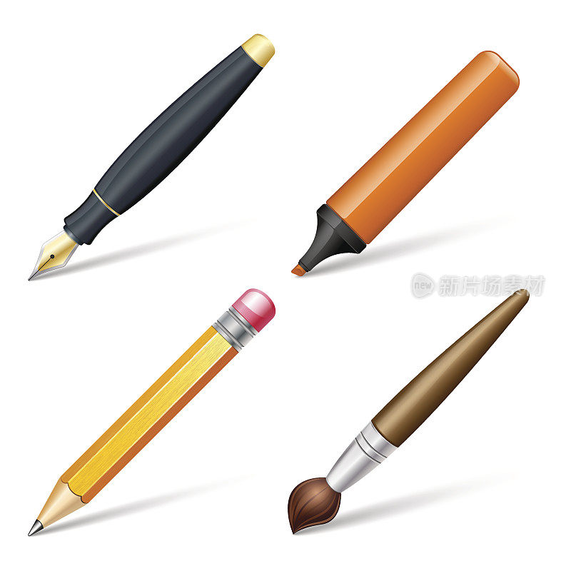 钢笔、马克笔、铅笔和毛笔
