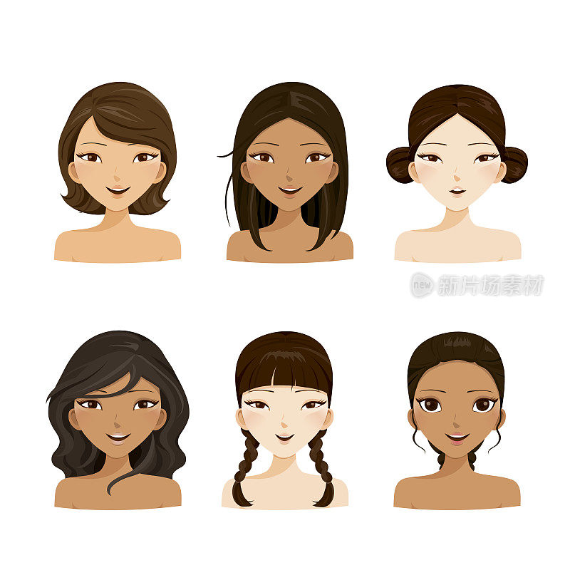 年轻的女性有着各种各样的发型和皮肤
