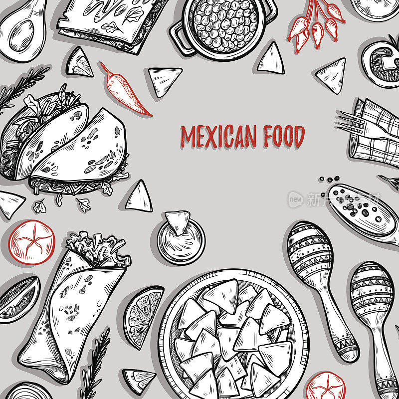 手绘矢量插图-墨西哥食物