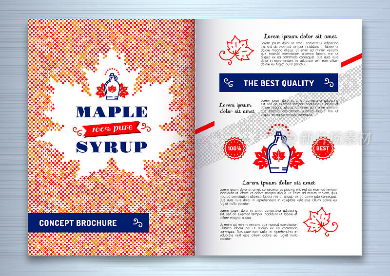 枫糖浆宣传册，传单模板设计A4。加拿大食品，美国传统产品，瓶子图标。彩色的枫叶剪影点，矢量插图