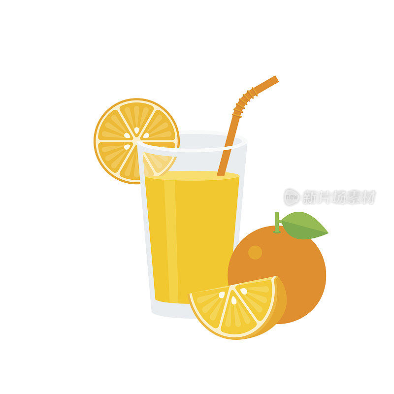 橙汁在玻璃杯里，用橙吸管