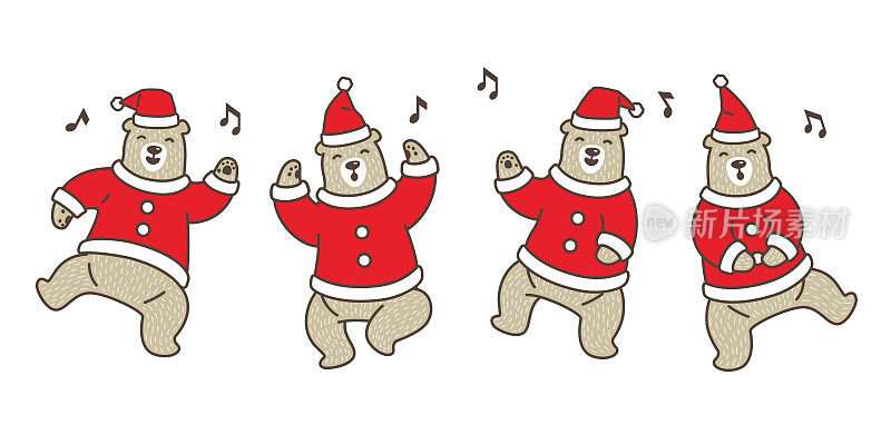 圣诞熊极地舞圣诞老人帽圣诞矢量插图卡通
