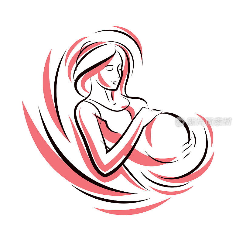 孕妇优雅的身体轮廓被心形框架包围。矢量插图的母亲爱抚她的肚子。幸福和爱抚的概念。