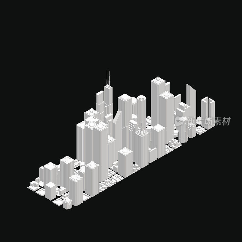 城市的三维模型。孤立在黑色背景上。矢量插图。等距视图。