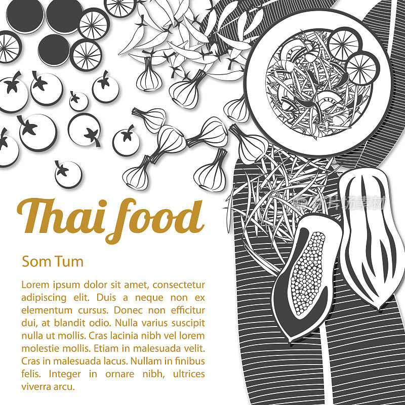 泰式美味和名菜木瓜沙拉或Som和配料与孤立的白色背景，黑白灰度风格
