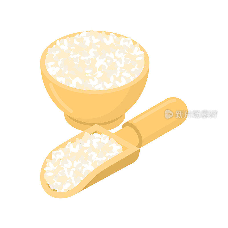 木碗和木勺里装着圆圆的米饭。木盘和铁锹中的格栅。白色背景上的纹理。矢量图