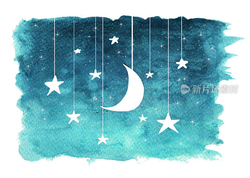 月亮和星星挂在弦上用水彩画在白色孤立的背景上，夜空的背景