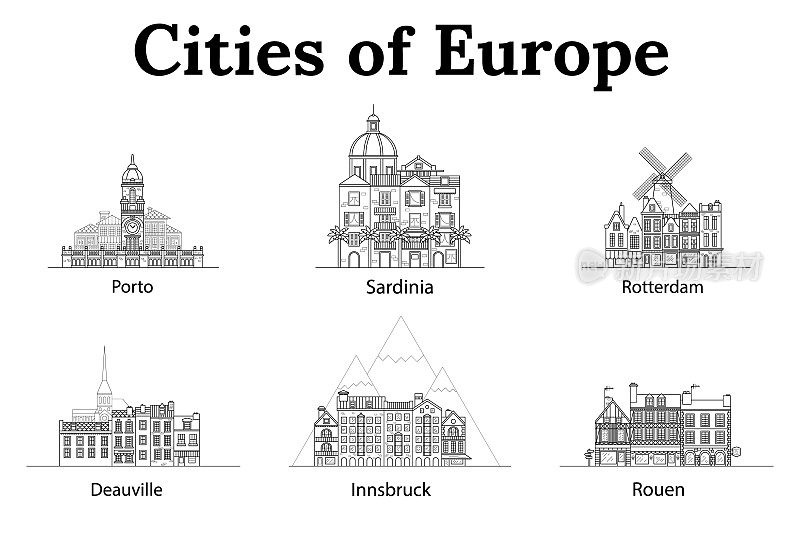 欧洲城市，因斯布鲁克，撒丁岛，鹿特丹，多维尔，鲁昂，波尔图。欧洲的房子。不同的尺寸和结构。欧洲的老房子平面矢量线