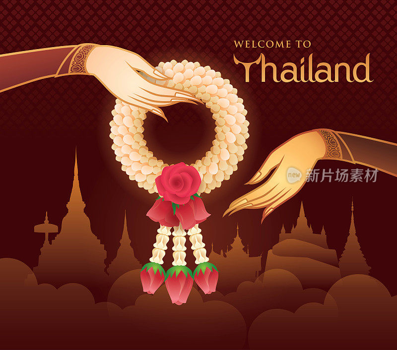 泰国茉莉花和玫瑰花环，插图的泰国艺术，金手握Garland向量