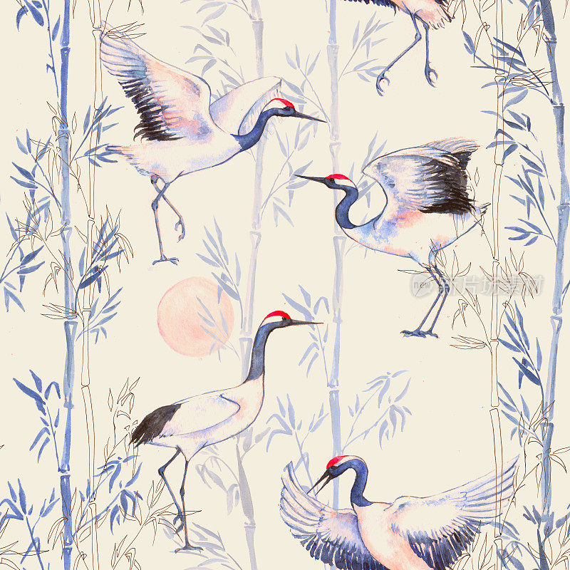 手绘水彩无缝图案与白色日本舞鹤