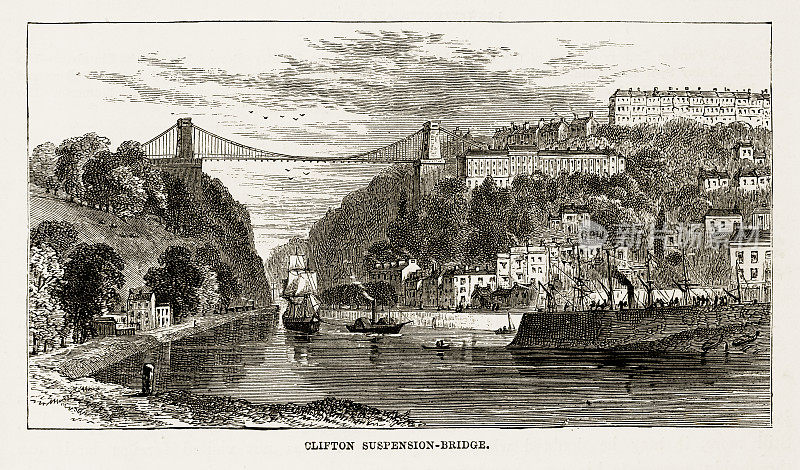 克利夫顿吊桥，英国布里斯托尔，维多利亚版画，大约1840年