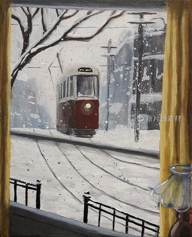 在一个下雪天乘电车从窗口。