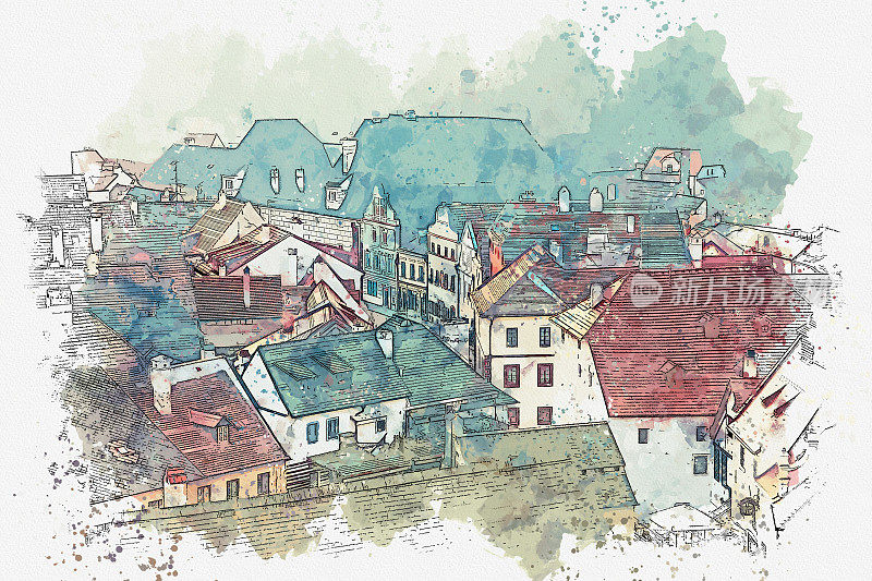 捷克克鲁姆洛夫传统建筑的水彩素描或插图