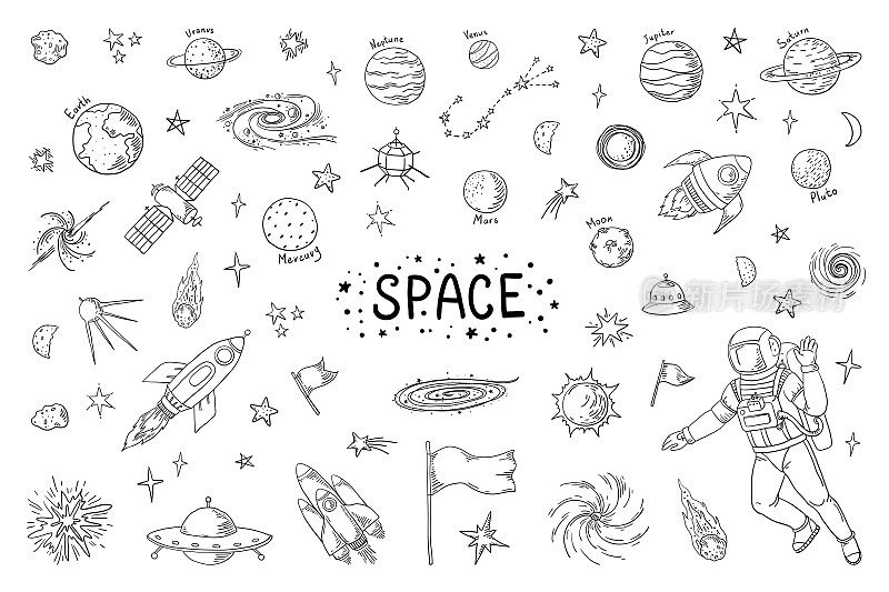涂鸦的空间。时尚的宇宙图案、明星宇航员、流星火箭、彗星等天文元素。矢量宇宙铅笔素描元素