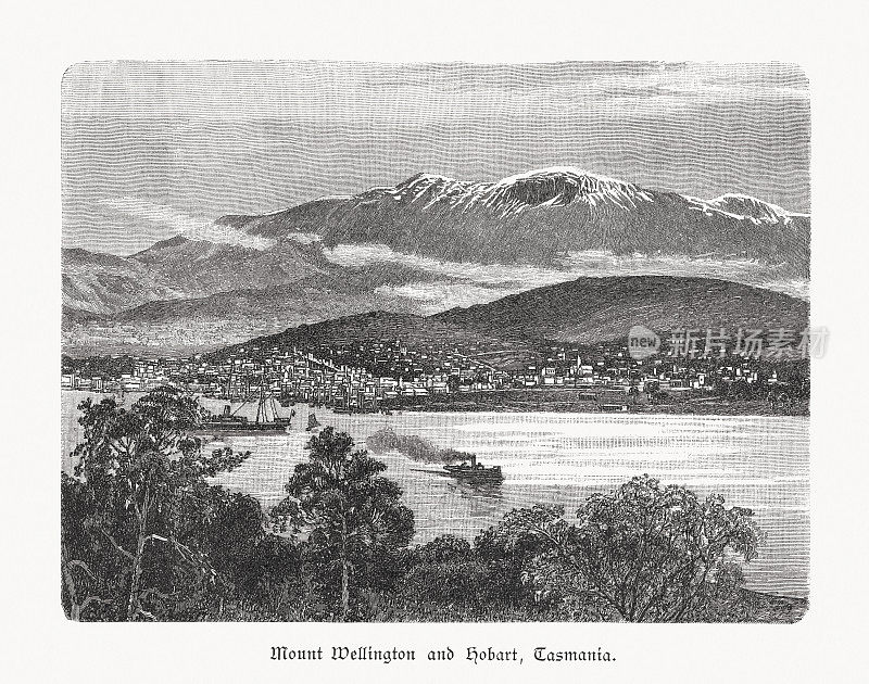 澳大利亚塔斯马尼亚的威灵顿山和霍巴特，木刻，1897年出版