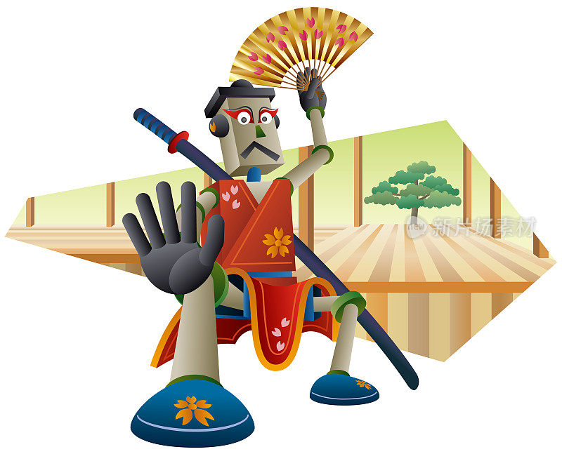 带折扇的歌舞伎机器人。歌舞伎是日本的经典戏剧。
