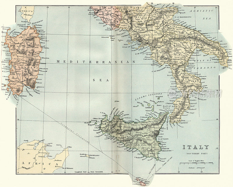 19世纪意大利南部撒丁岛西西里岛的古董地图