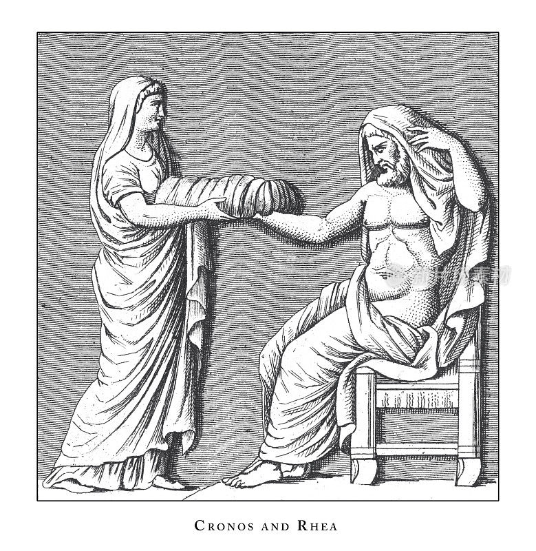 克罗诺斯和瑞亚，神圣的仪式，希腊的宗教和神话符号和宗教用具和罗曼雕刻古董插图，出版于1851年