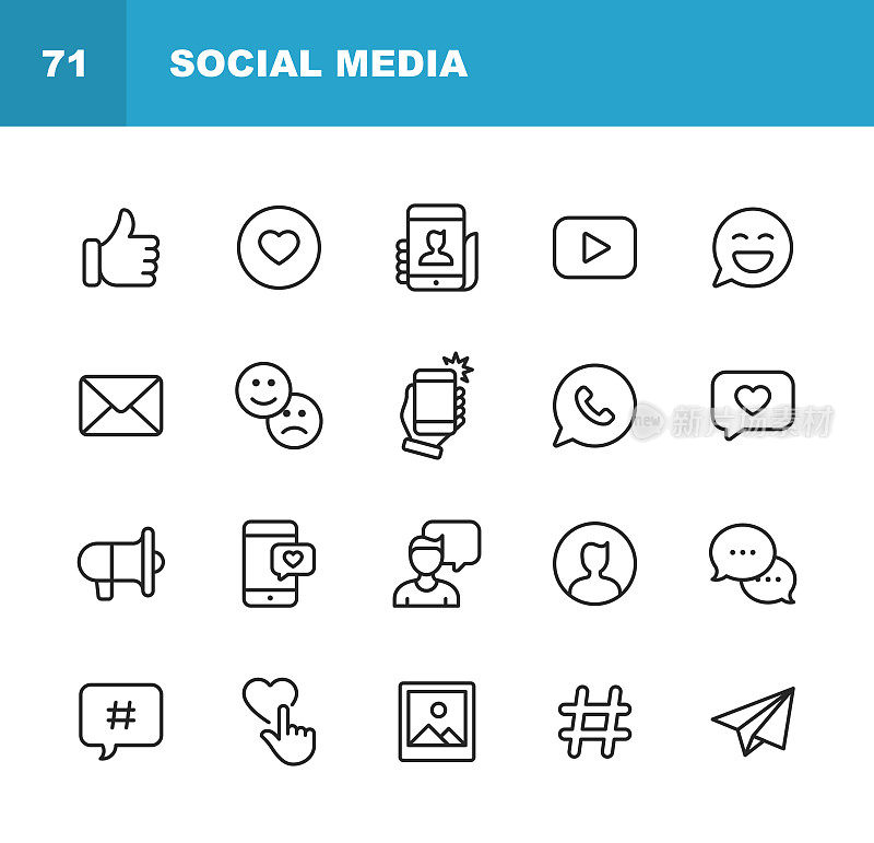 社交媒体产品线图标。可编辑的中风。像素完美。移动和网络。包含像按钮，大拇指，自拍，摄影，演讲者，广告，在线消息，标签，用户等图标。