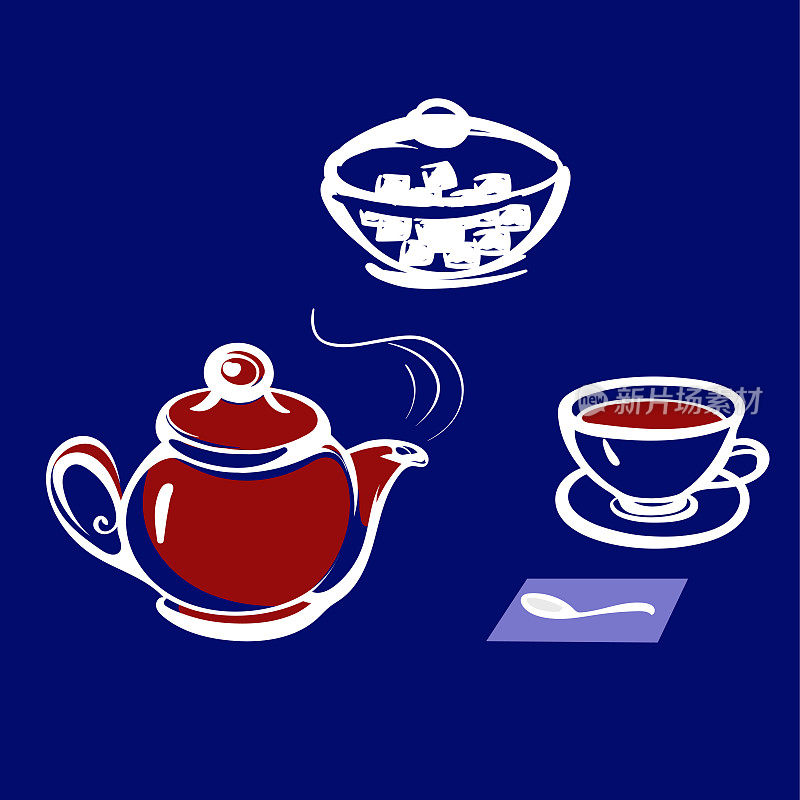 茶壶、杯子和糖碗的程式化插图
