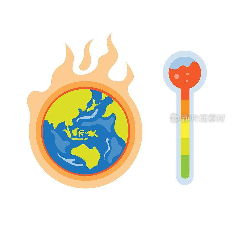 地球温暖，全球变暖对地球的影响地球温度温度计平面风格插图矢量