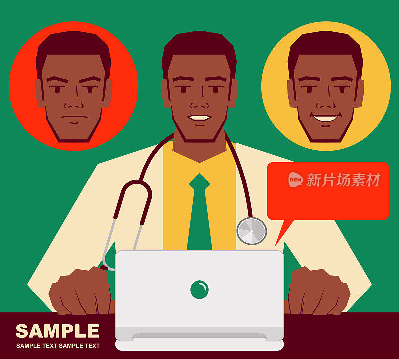 年轻英俊的非裔美籍医生使用笔记本电脑，给你一个建议，有三张情绪化的脸设计