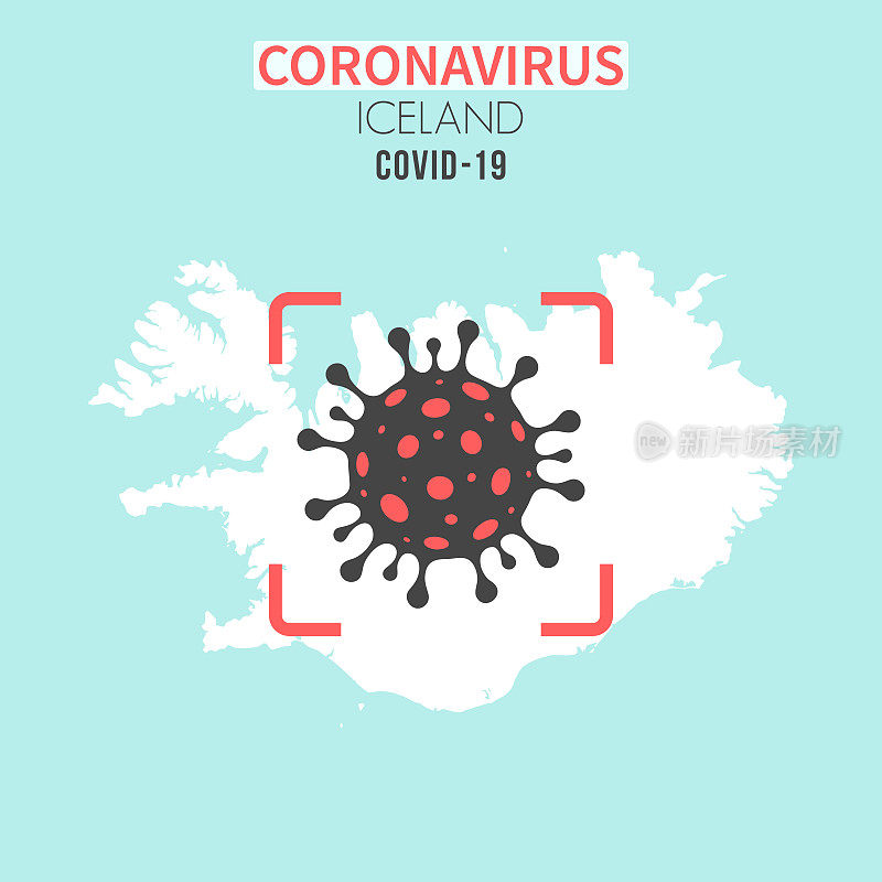 冰岛地图，红色取景器中有冠状病毒细胞(COVID-19)