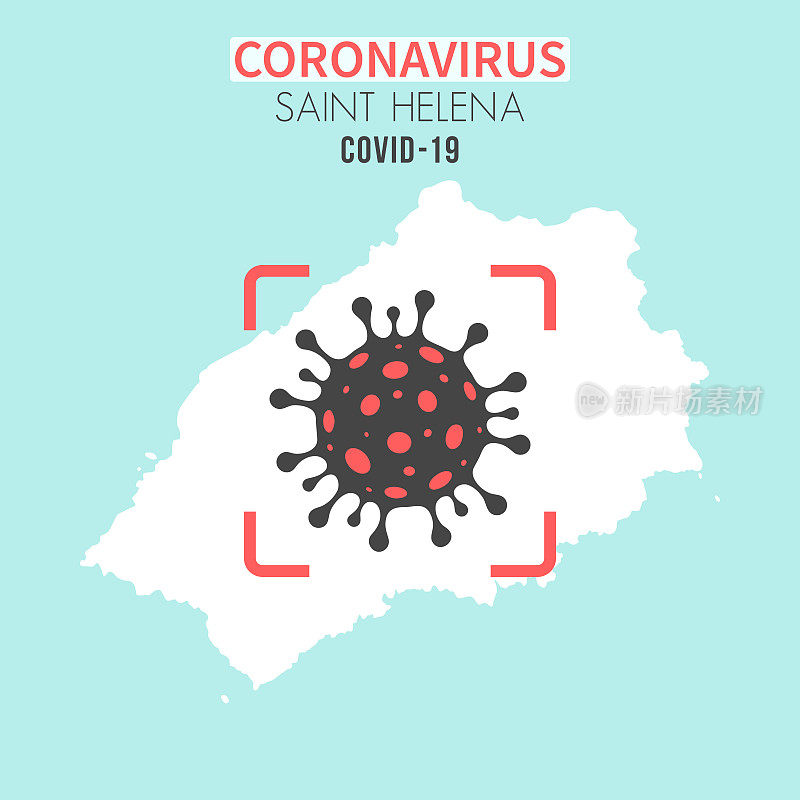 圣赫勒拿岛地图，红色取景器中有冠状病毒(COVID-19)细胞