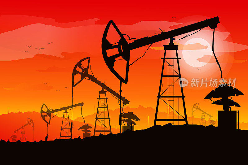 井架钻机示意图。黑色剪影在红色梯度日落背景。勘探、石化工业。石油的画面。景观和石油钻探驳船。