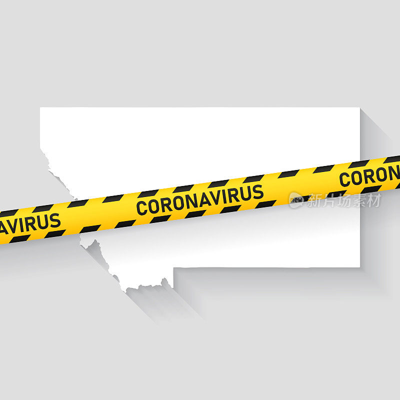 蒙大拿地图与冠状病毒警告胶带。Covid-19爆发