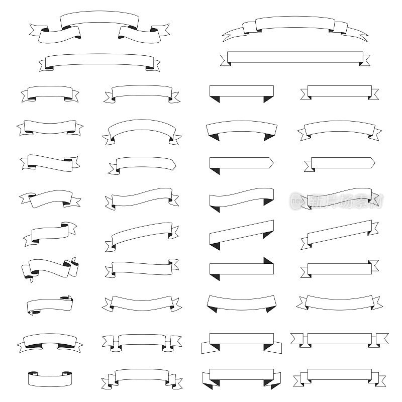 一套丝带，横幅(轮廓，线条艺术)-设计元素在白色的背景