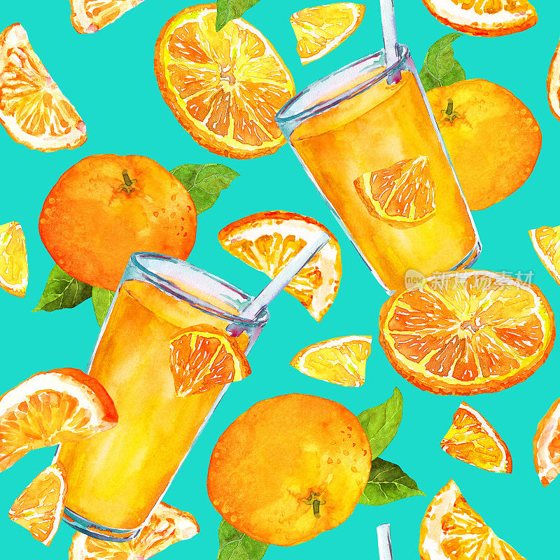 橙子切片和整杯，杯子里放着橙子饮料。无缝图案与水果。水彩